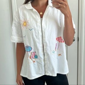 White Stag Embroidered Beach Button Up